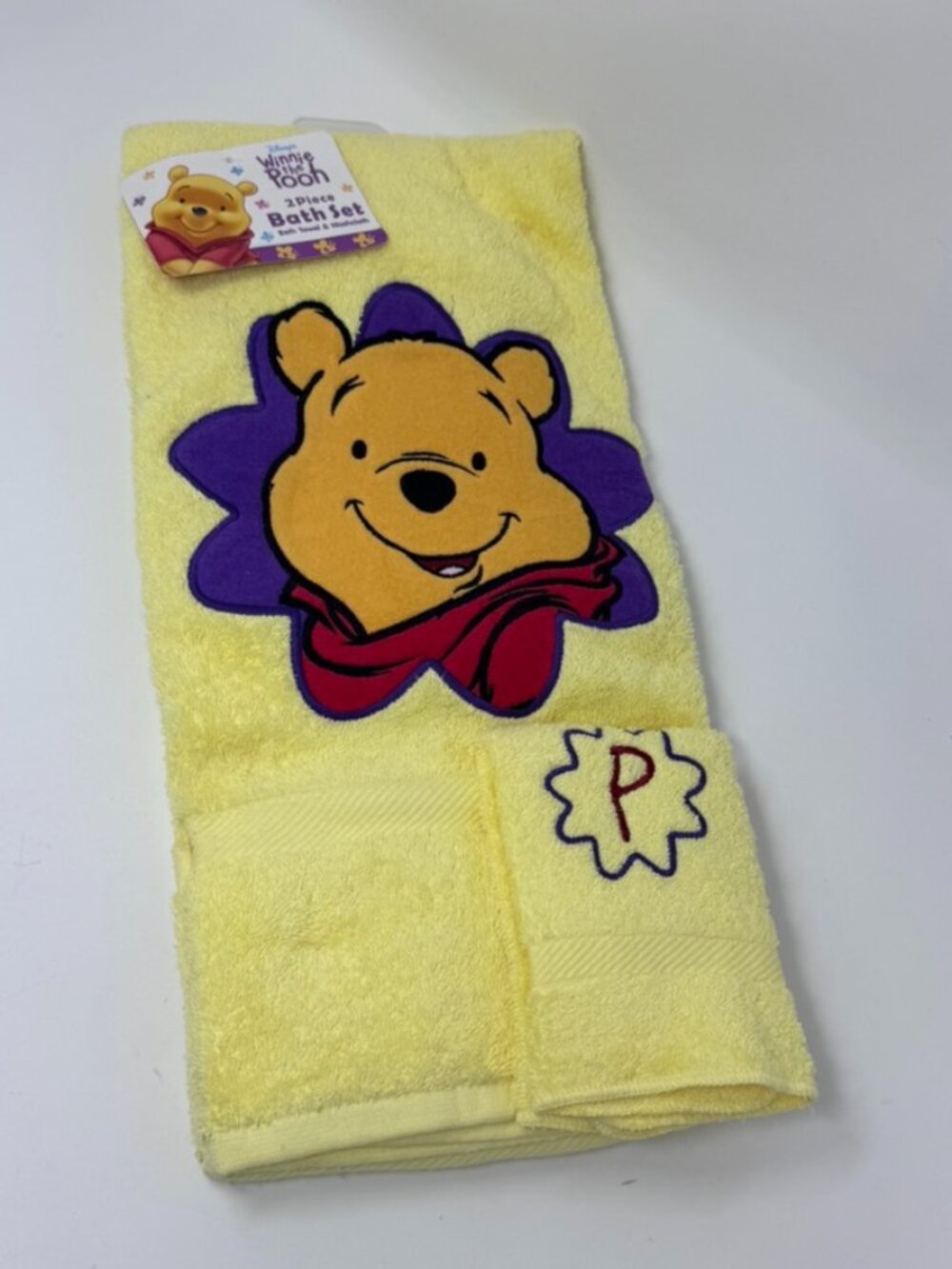 Vtg Disney Winnie The Pooh Soft Yellow Bath Towel & Washcloth, Cotton  90's  NEW